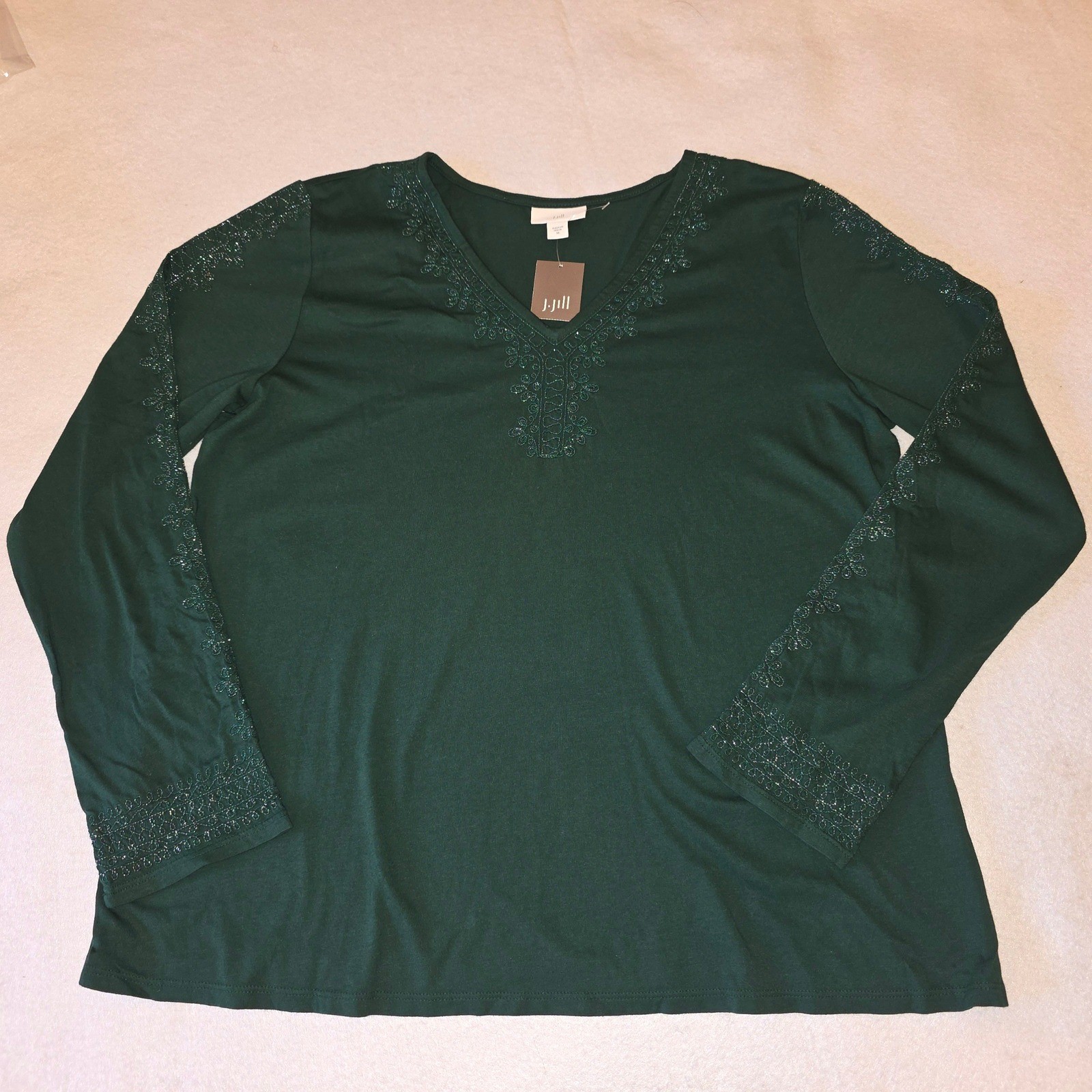 J. Jill Scots Pine Green Embroidered V-Neck Long Sleeve Top NWT Size M