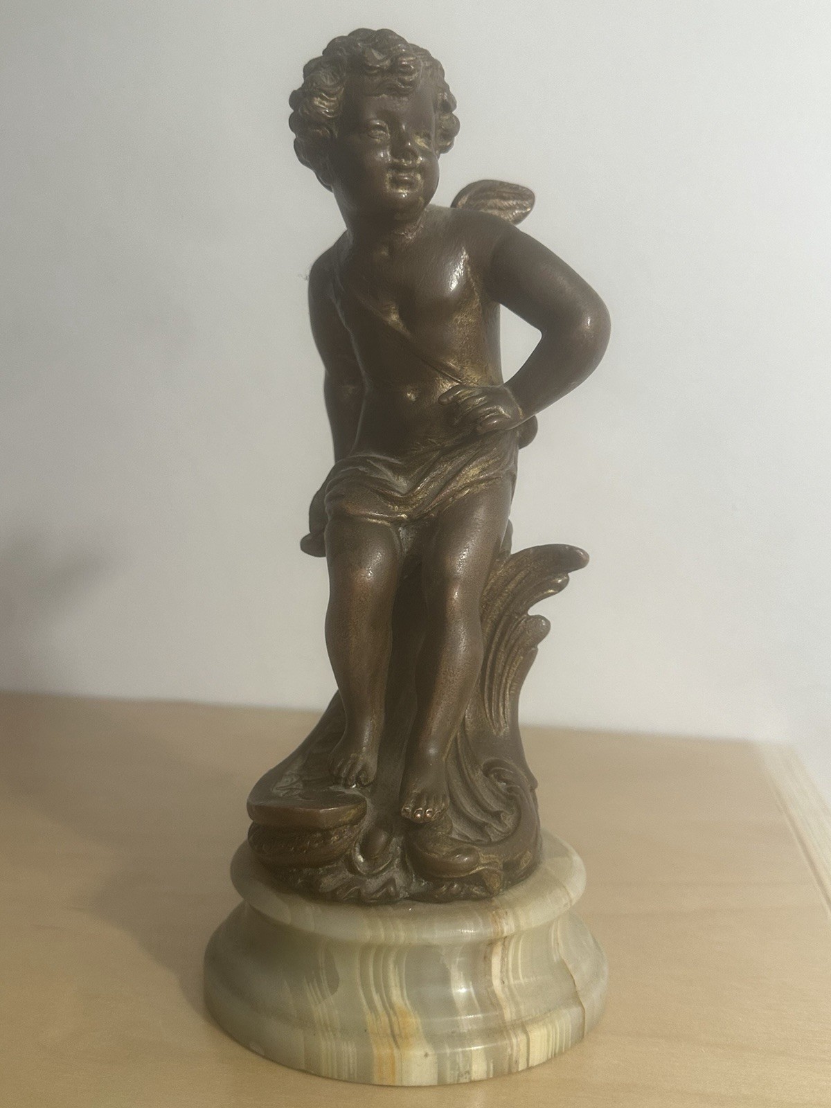 Antique 19th C. French Sculpture Signed Lalouette - Cherub on Green Onyx Base