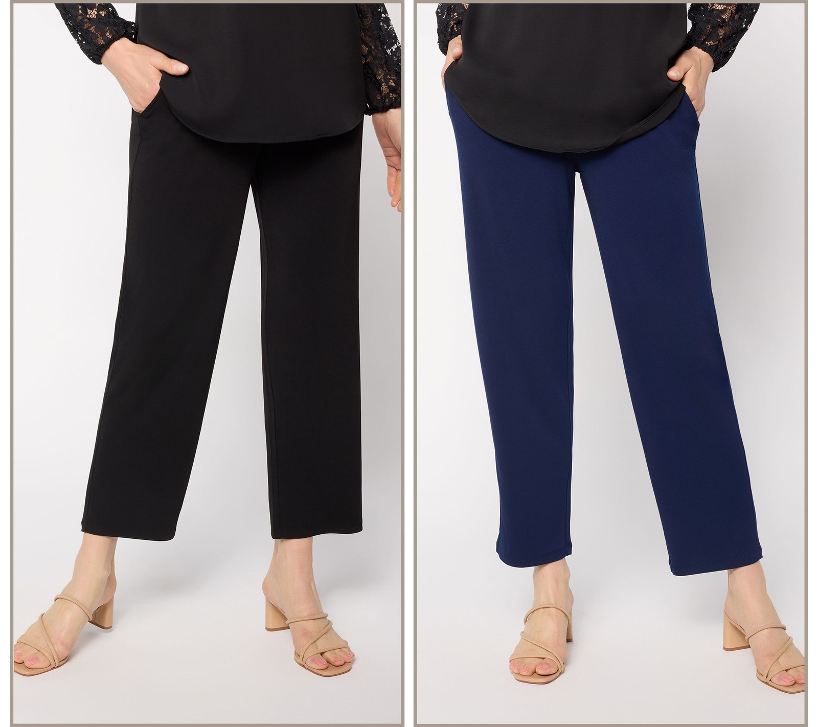 Susan Graver Essentials Regular Set of 2 Liquid Knit Ankle Pants Navy/Black M Ne