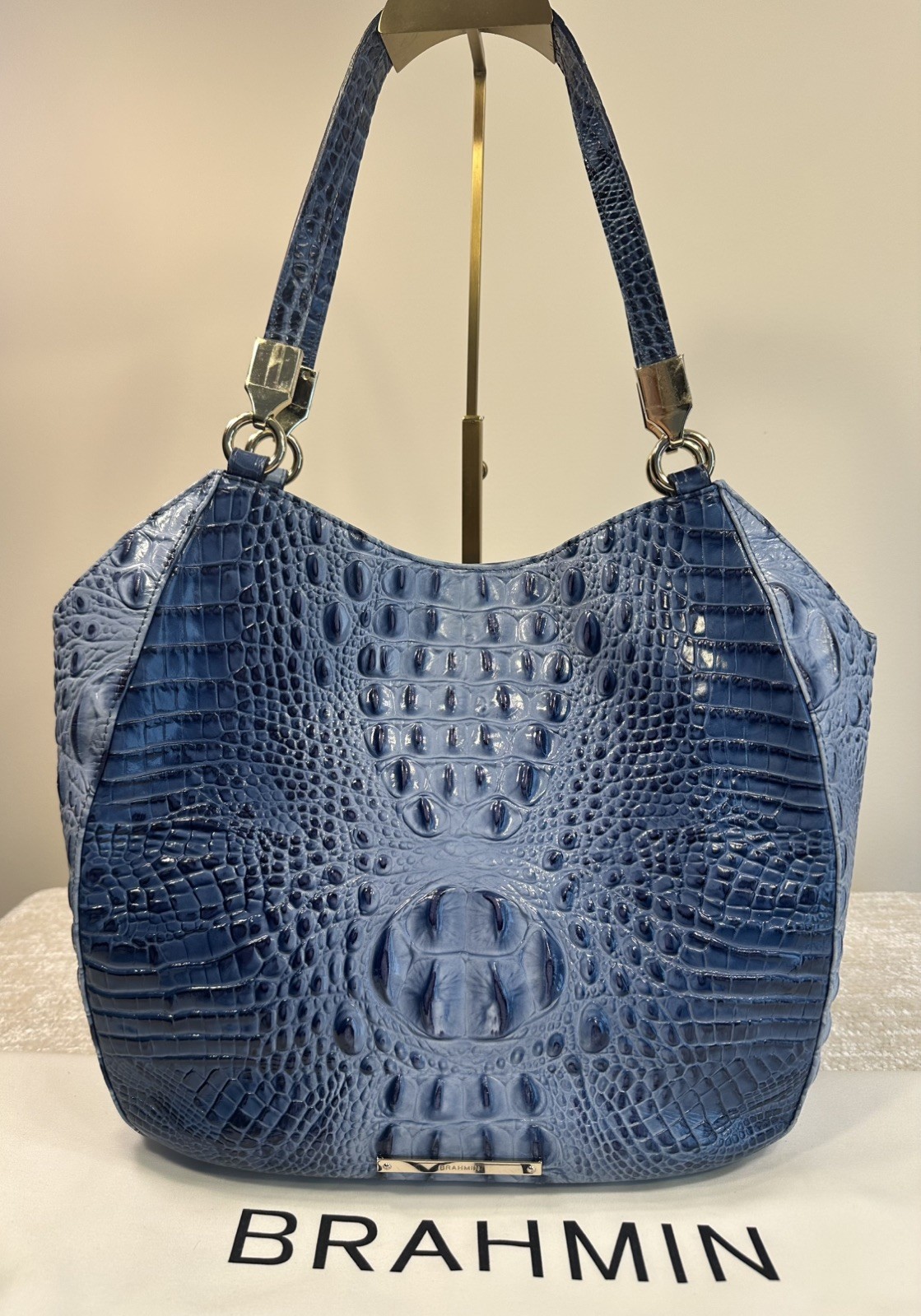 Brahmin Marianna Large Crescent Shoulder Bag Blue Ombre Melbourne Croc