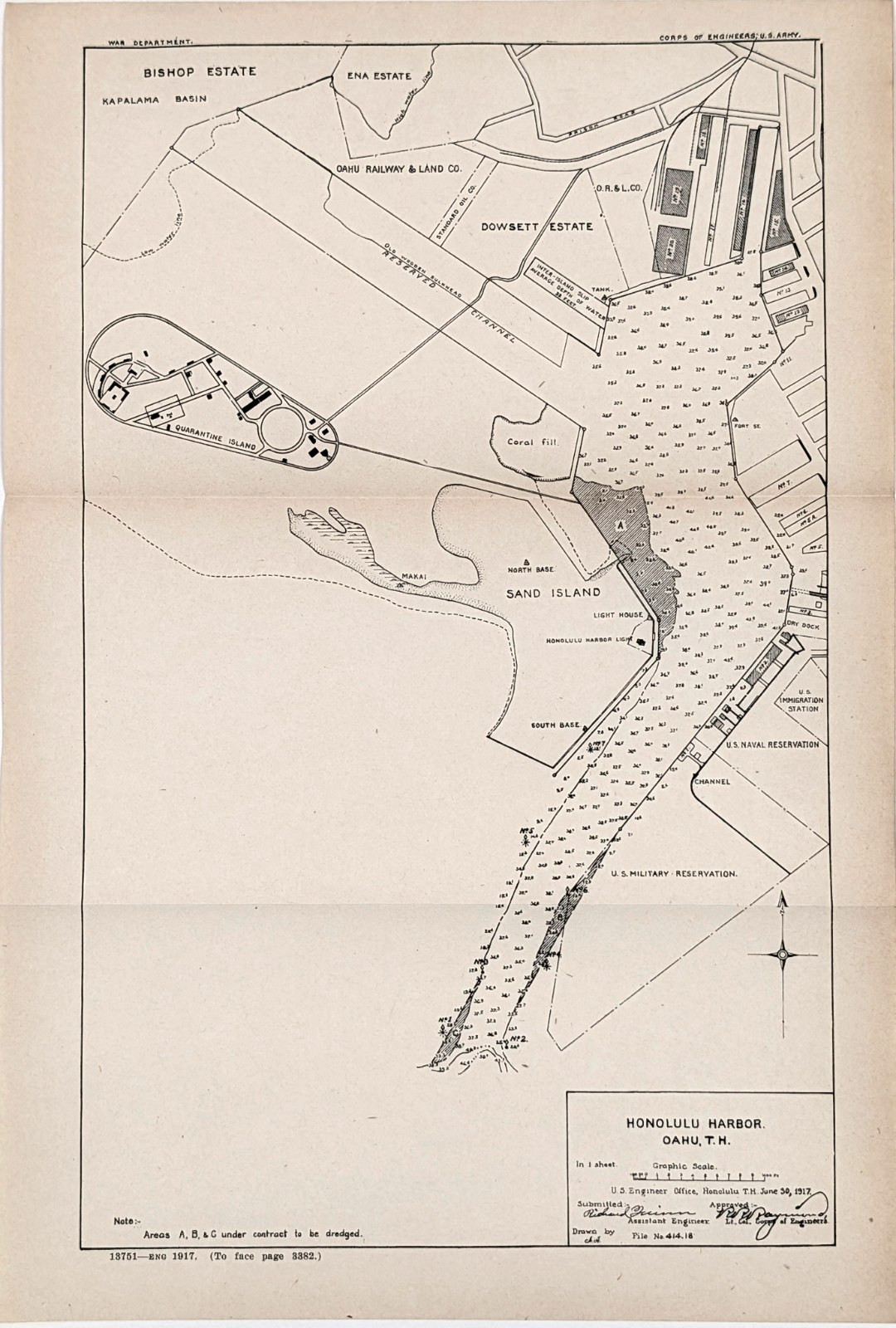 1917 HONOLULU Harbor - HAWAII Map ESTATES - MILITARY RESERVATION - Wharves
