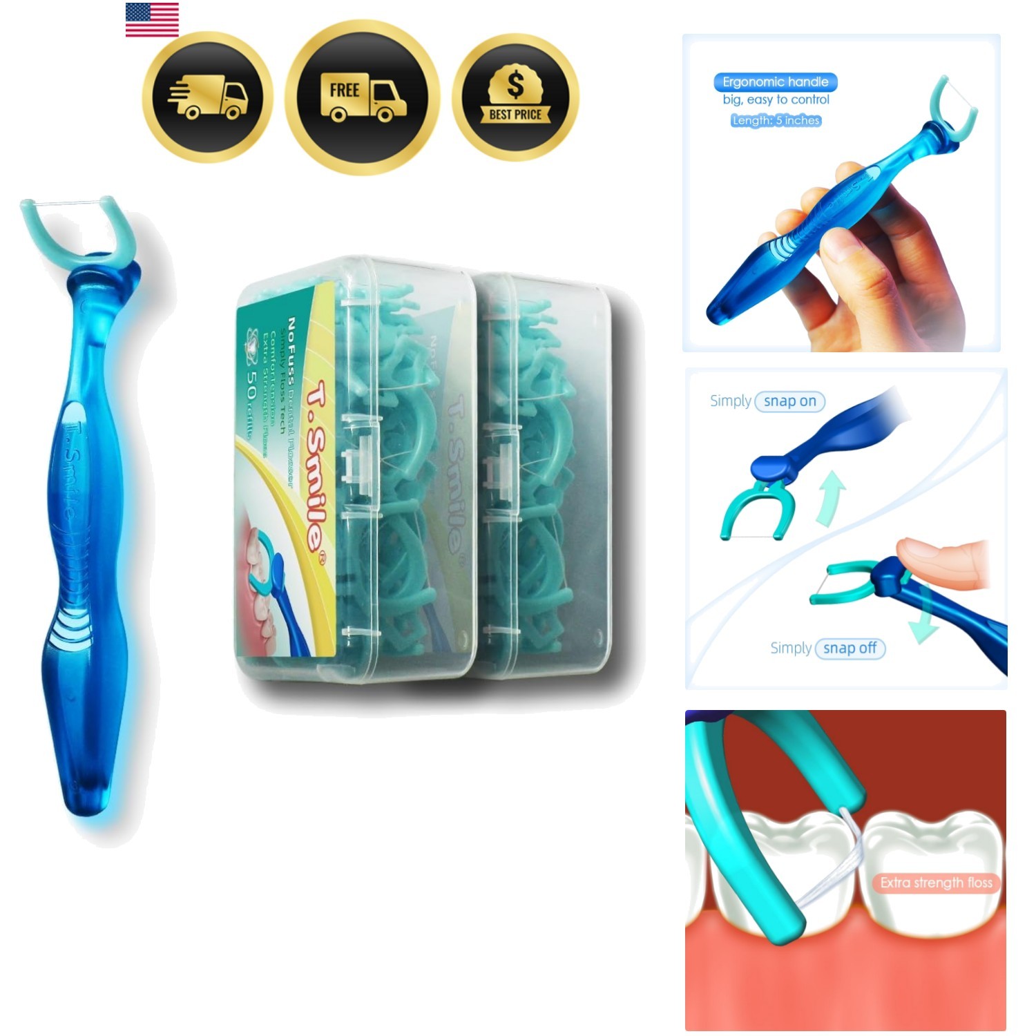 NoFuss Dental Flosser Kit, 5-inch Long Handle & Refill Heads, Extra-Strength ... NoFuss Dental Flosser Kit, 5-inch Long Handle & Refill Heads, Extra-Strength ...