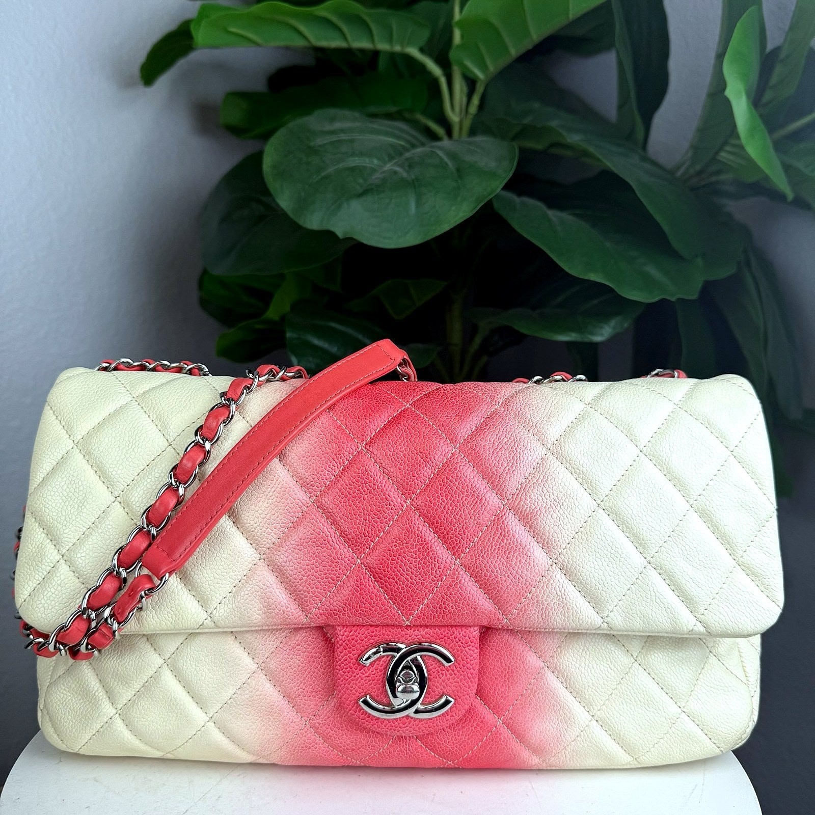 Authentic Chanel Classic Flap Medium Quilted Caviar Ombré Pink Coral Beige Bag