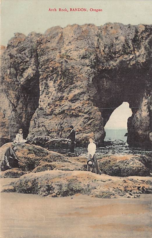 Postcard OR: Woman at Arch Rock, Bandon, Oregon, DB 1910's, Hand-Colored