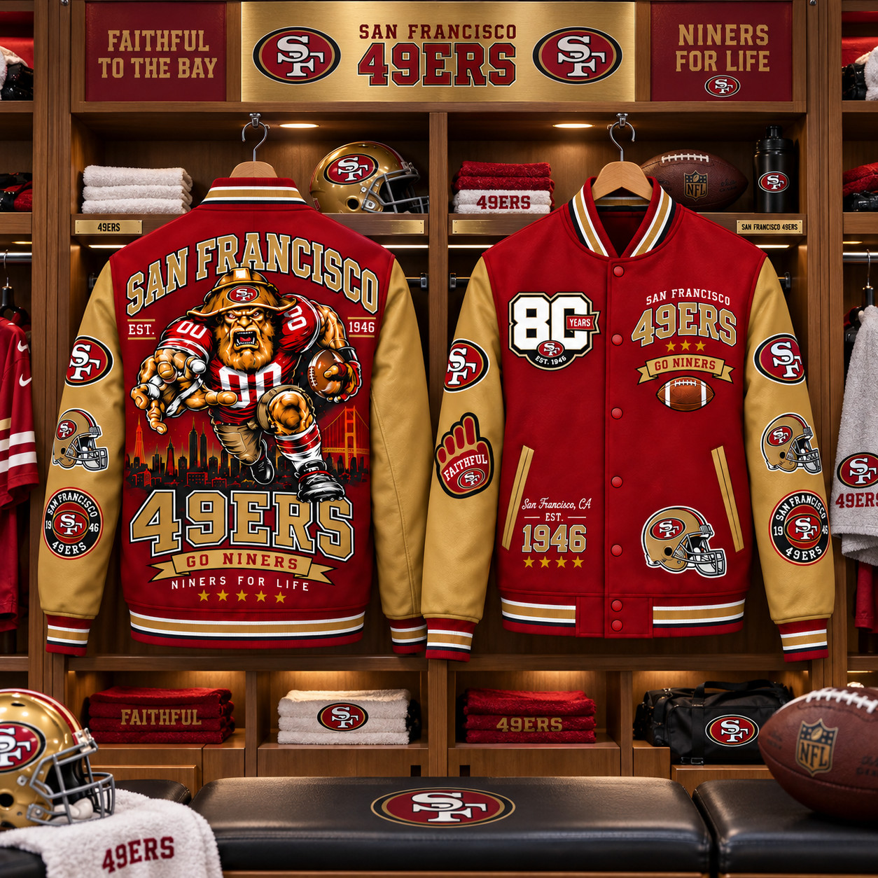 San Francisco 49ers 80th anniversary EST 1946 Go Niners Memorial Baseball Jacket