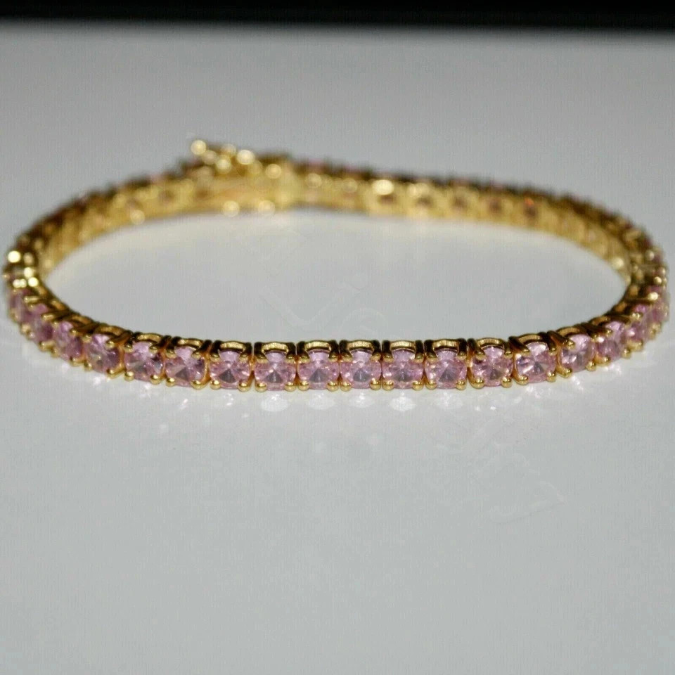 4.00 Ct Round Cut Natural Pink Sapphire Tennis Bracelet 14K Solid Yellow Gold