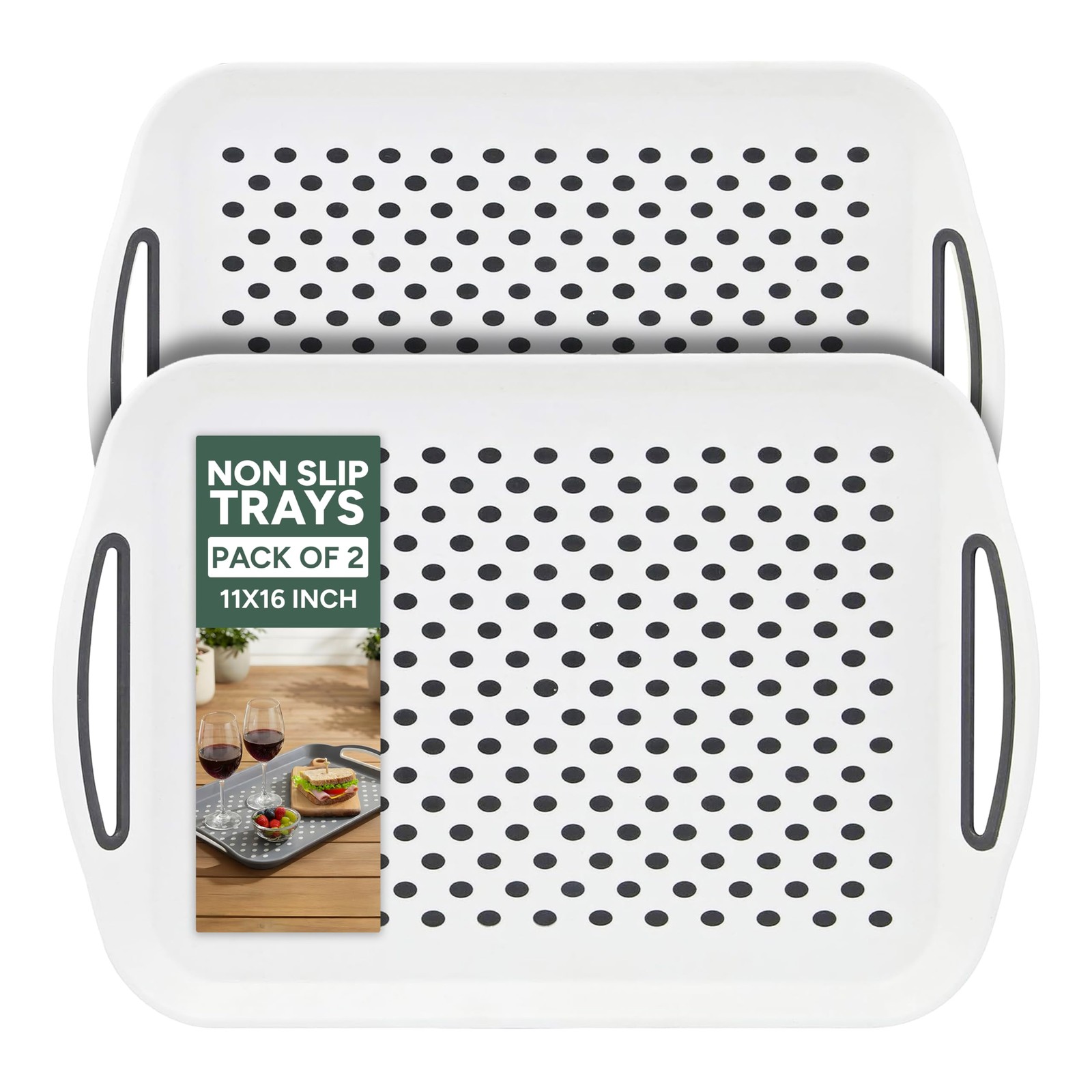 Zuvo Anti-Slip Food Serving Tray with Handles (Set of 2) - BPA-Free Plastic, Lig