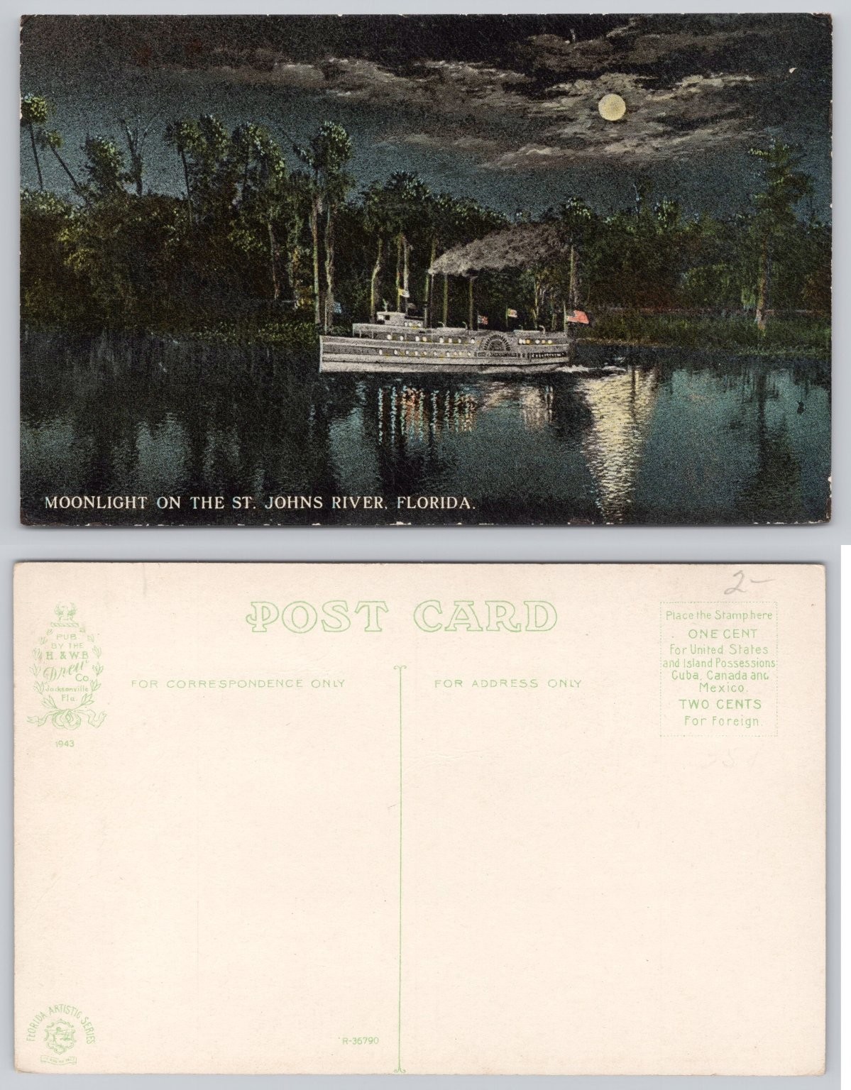 Vintage 1943 Moonlight on St. Johns River Florida Steamboat Postcard