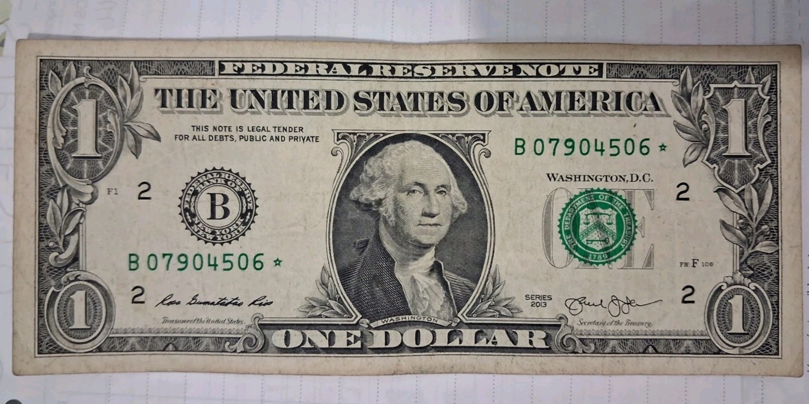 RARE-Fort Worth One Dollar Bill Star Note 2013 B Duplicate Serial # B07904506 * RARE-Fort Worth One Dollar Bill Star Note 2013 B Duplicate Serial # B07904506 *