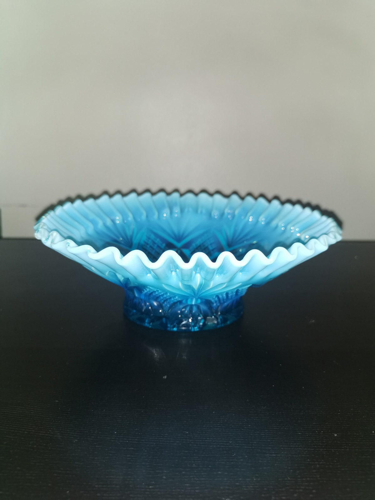 Fenton Blue Opalescent Reverse Drape Ruffle Bowl 8.5\ Fenton Blue Opalescent Reverse Drape Ruffle Bowl 8.5\