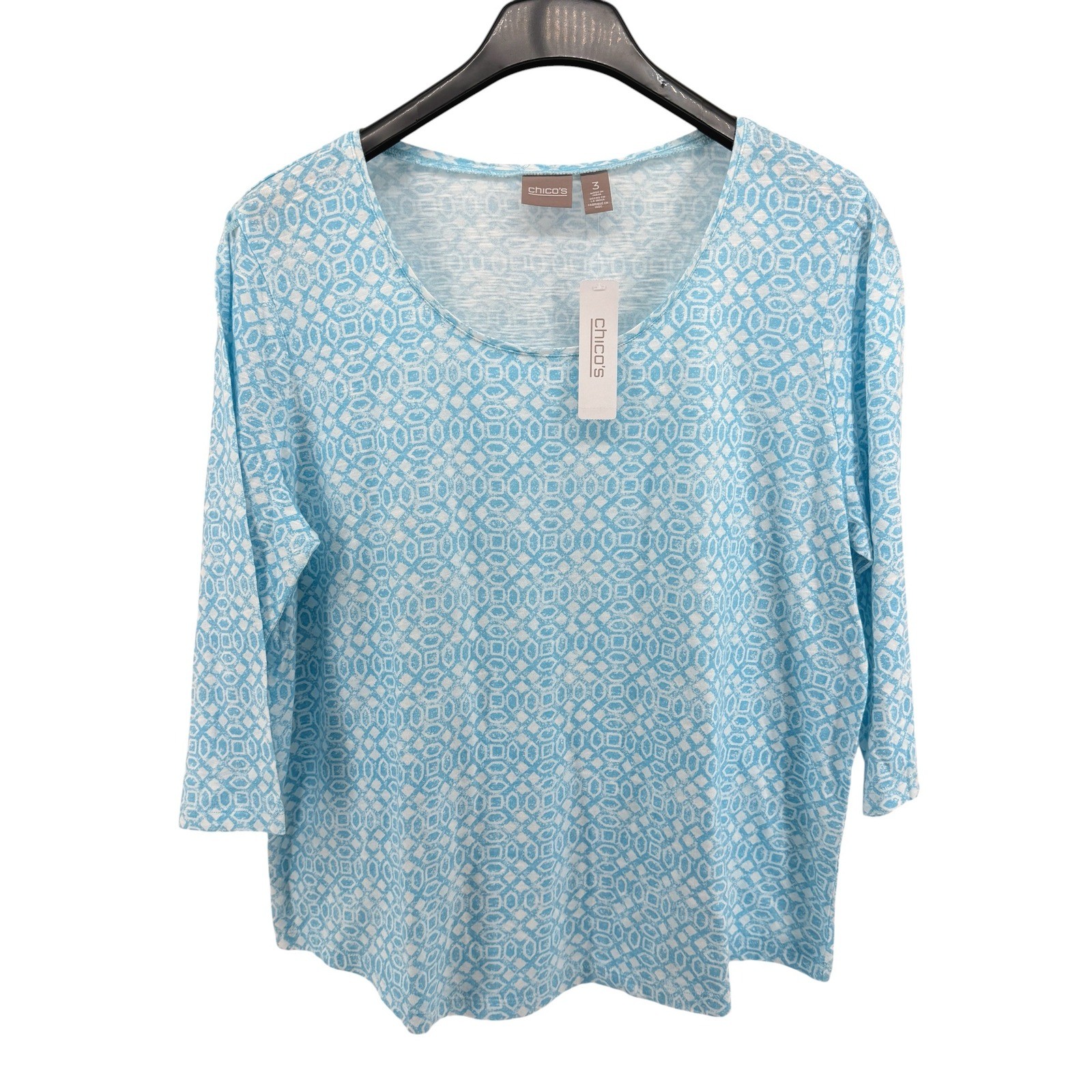 NEW Chico\'s Patola Geo Top Womens 3/XL Scoop Neck Blue Angel 3/4 Sleeve Casual