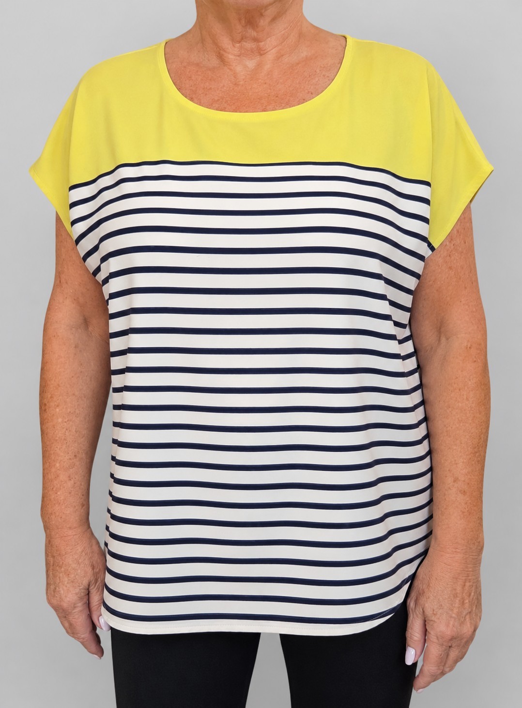 Cute Chicos Bright Yellow Green/Navy & White Stripe Relaxed Fit Tunic Tee XL Cute Chicos Bright Yellow Green/Navy & White Stripe Relaxed Fit Tunic Tee XL