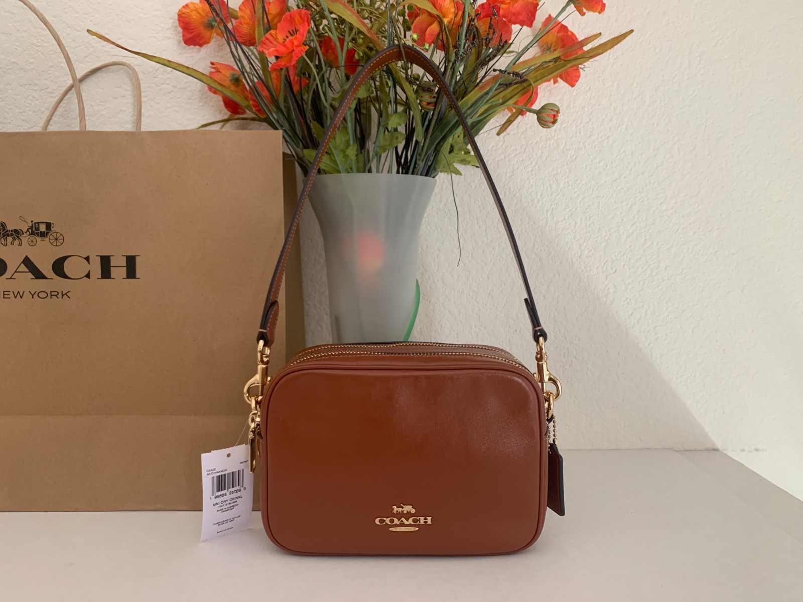 NWT Coach CEA02 Mini Carey Crossbody Bag Shinny Smooth Leather in Cinnamon