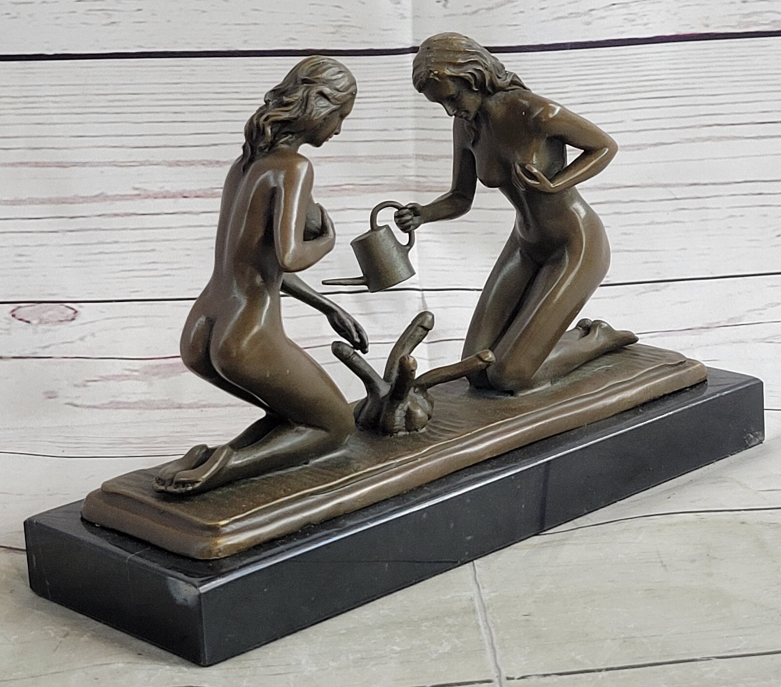 Exquisite Bronze Art: Sensual Naked Woman Gardener Watering Erotic Plant Statue