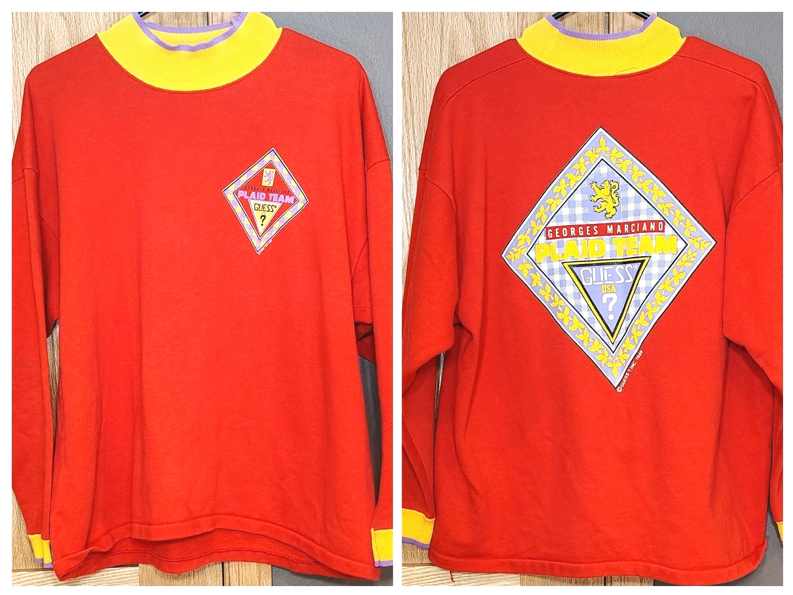 VINTAGE 1988 GUESS BY GEORGES MARCIANO PLAID TEAM SWEATSHIRT ADULT LARGE