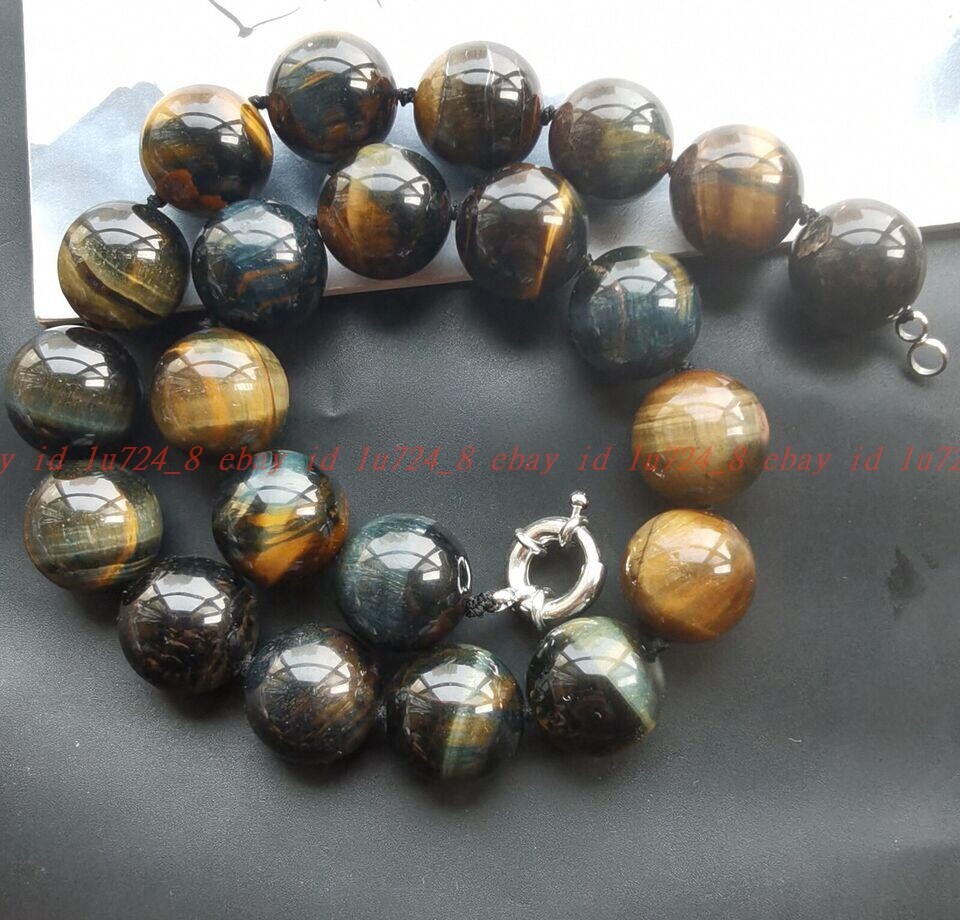16mm/18mm Natural Blue Yellow Tiger Eye Stone Quartz Beaded Necklace 16-100 16mm/18mm Natural Blue Yellow Tiger Eye Stone Quartz Beaded Necklace 16-100