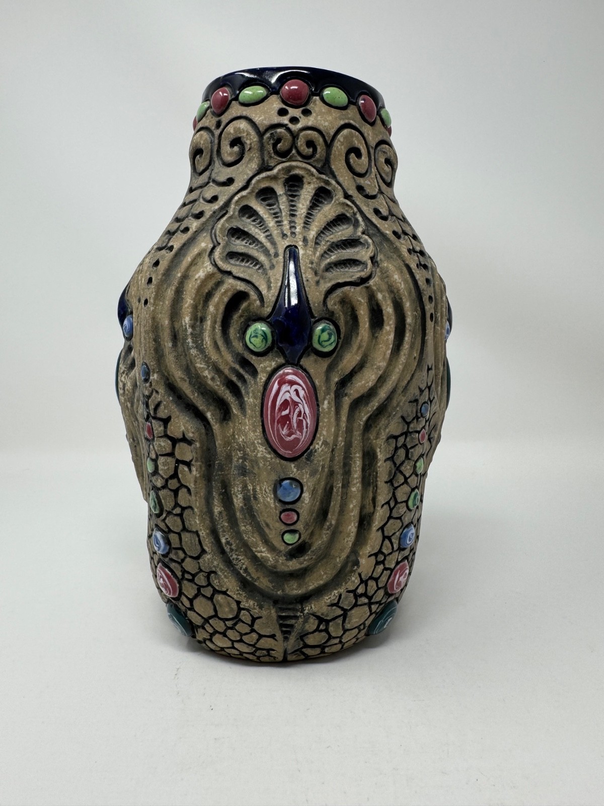 Antique Amphora Czechoslovakia Gres Bijou Jeweled Art Nouveau Face Vase 9.5
