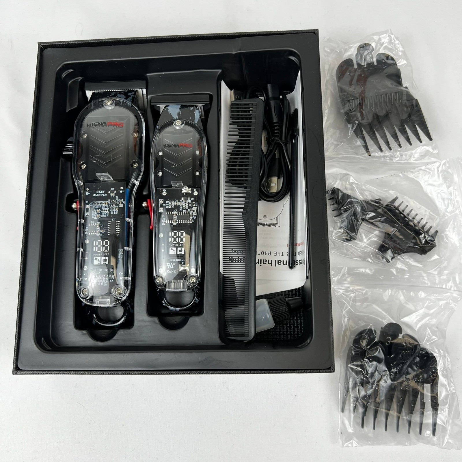 Hiena Pro Professional Cordless Hair Clipper and Trimmer Set Transparent Black Hiena Pro Professional Cordless Hair Clipper and Trimmer Set Transparent Black