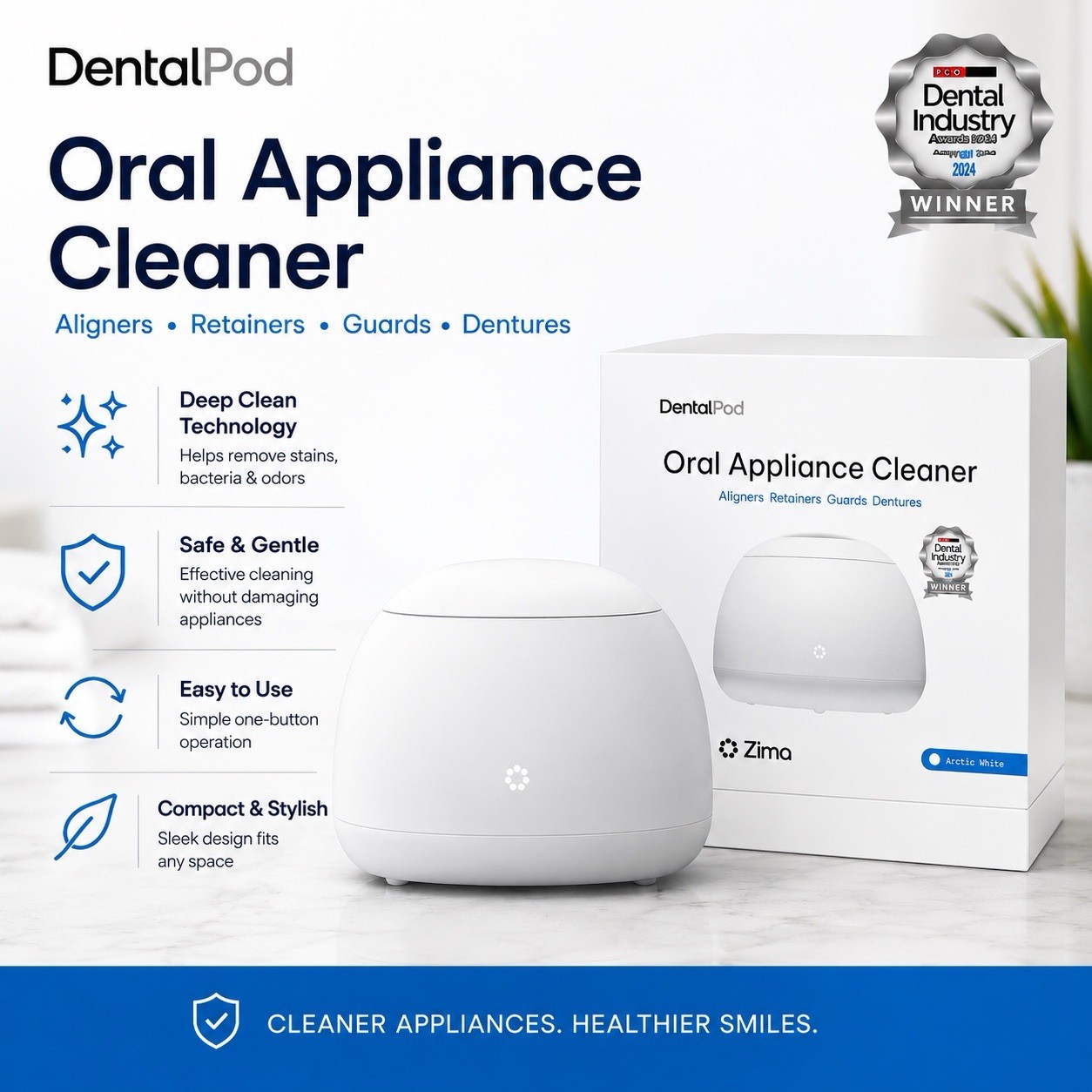 Zima Dental Pod Ultrasonic Cleaner Aligners Guards Dentures Artic White- NEW