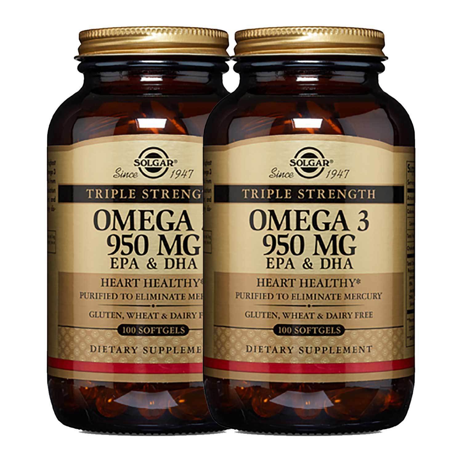 2 x Solgar Omega 3 Triple Strength 950 mg 100 Softgels 2 x Solgar Omega 3 Triple Strength 950 mg 100 Softgels