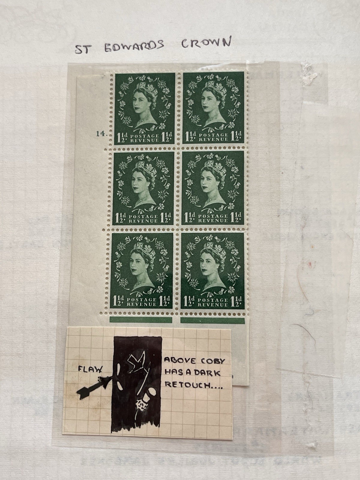 GB Scott 318B 1½d Wilding Green MNH Block of 6 DARK RETOUCH & Plate Flaw Rare