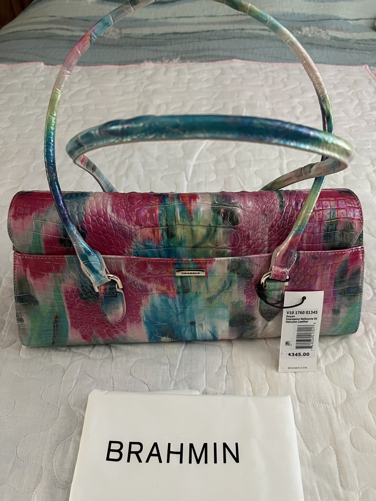NWT Brahmin Dayan Impression Melbourne Satchel Leather pink blue green NWT Brahmin Dayan Impression Melbourne Satchel Leather pink blue green