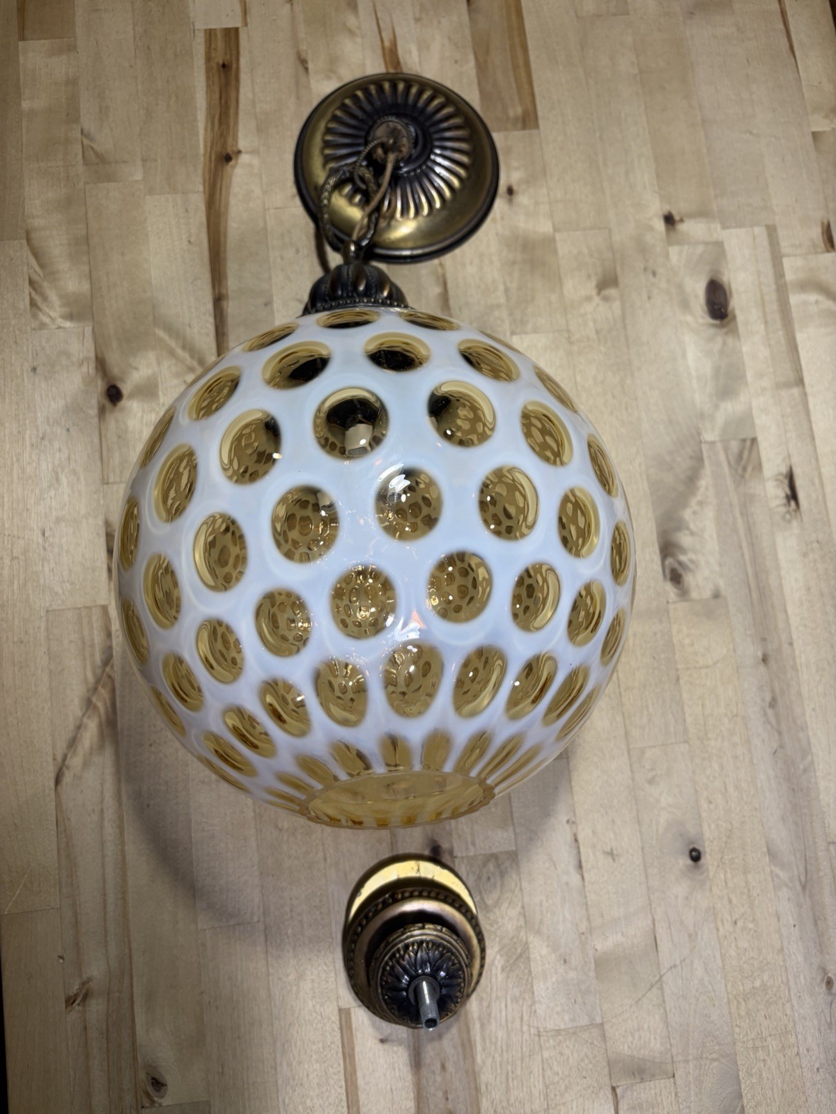 Vintage Fenton Opalescent Honeysuckle Coin-dot Hanging Swag Lamp Light Globe 10”