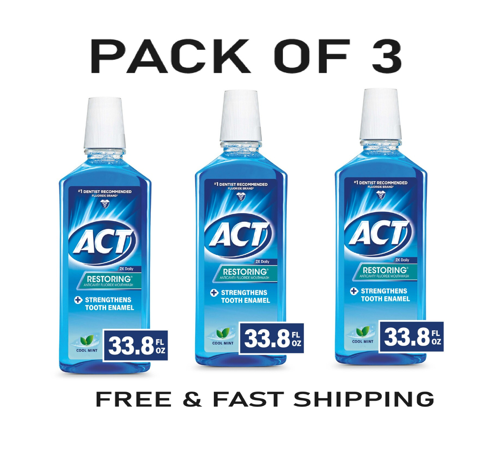 ACT Restoring Anticavity Fluoride Mouthwash, Cool Mint, 33.8 fl( PACK OF 3 ) NEW ACT Restoring Anticavity Fluoride Mouthwash, Cool Mint, 33.8 fl( PACK OF 3 ) NEW