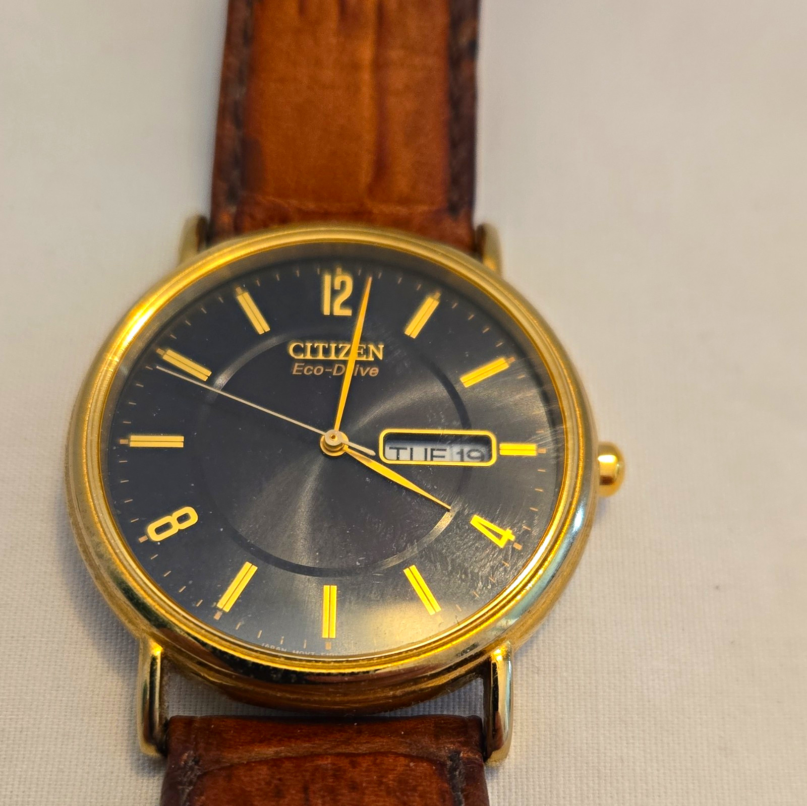 Citizen Eco-Drive Men's Gold-Tone Watch Black Dial Day/Date Brown Leather Citizen Eco-Drive Men's Gold-Tone Watch Black Dial Day/Date Brown Leather