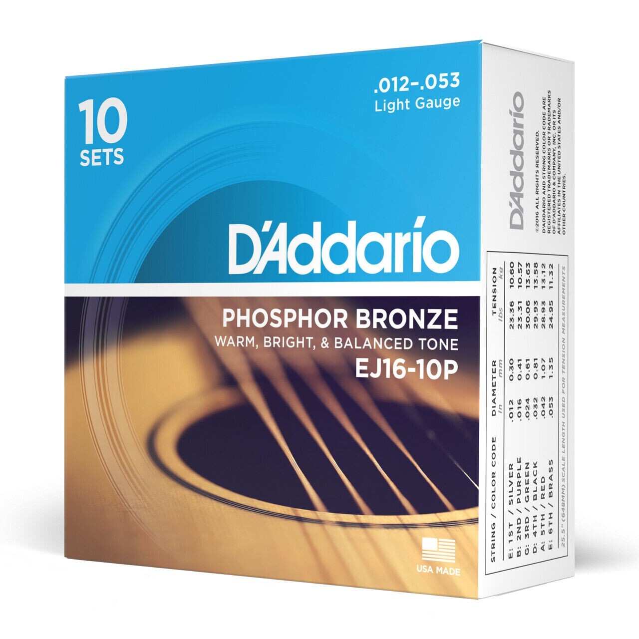 10 Pack EJ16 D'Addario EJ16-10P Light Acoustic Guitar Strings Phosphor Bronze