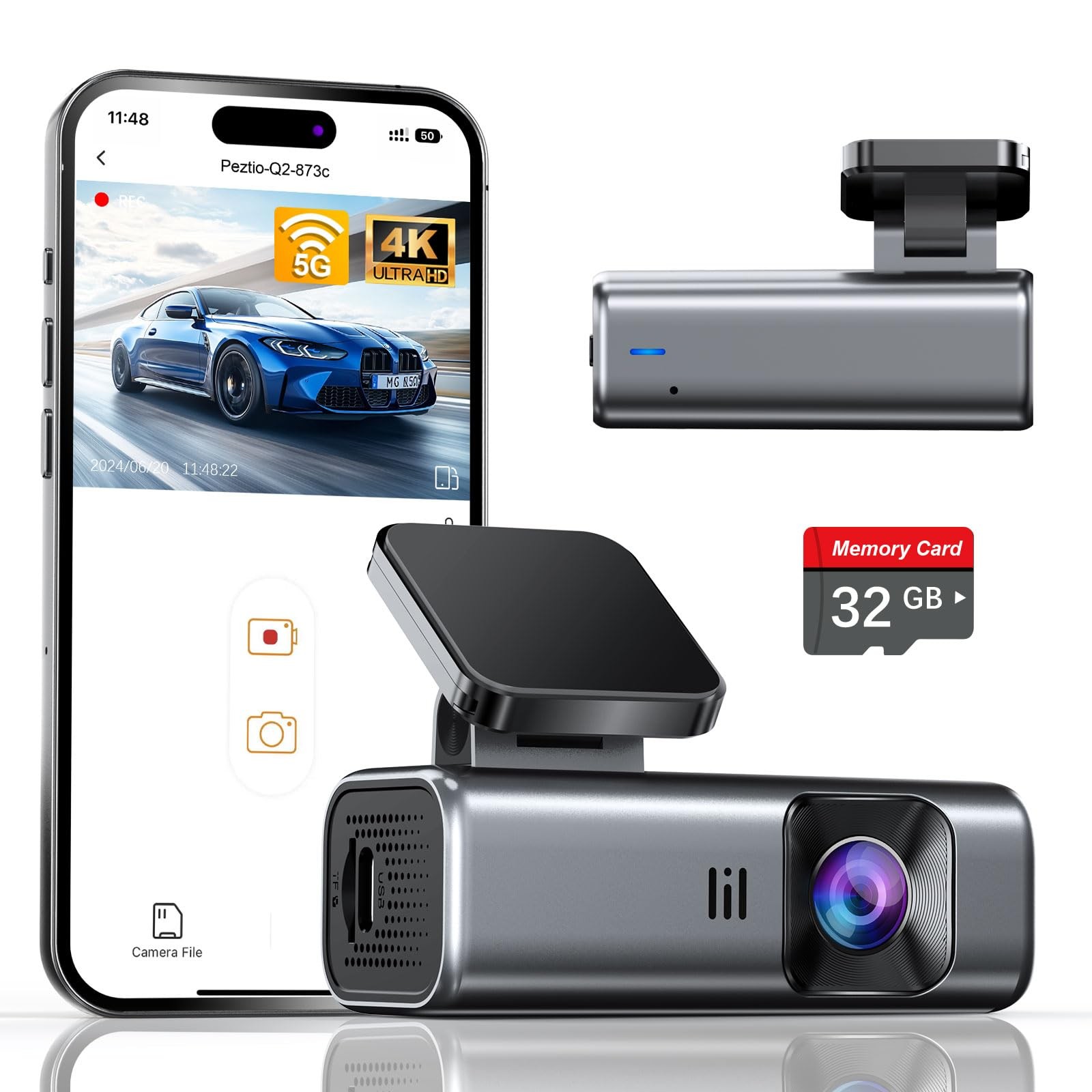 galphi 4K Dash Cam Front, 5GHz WiFi, 32GB Card Included, Mini Dashcam Silver