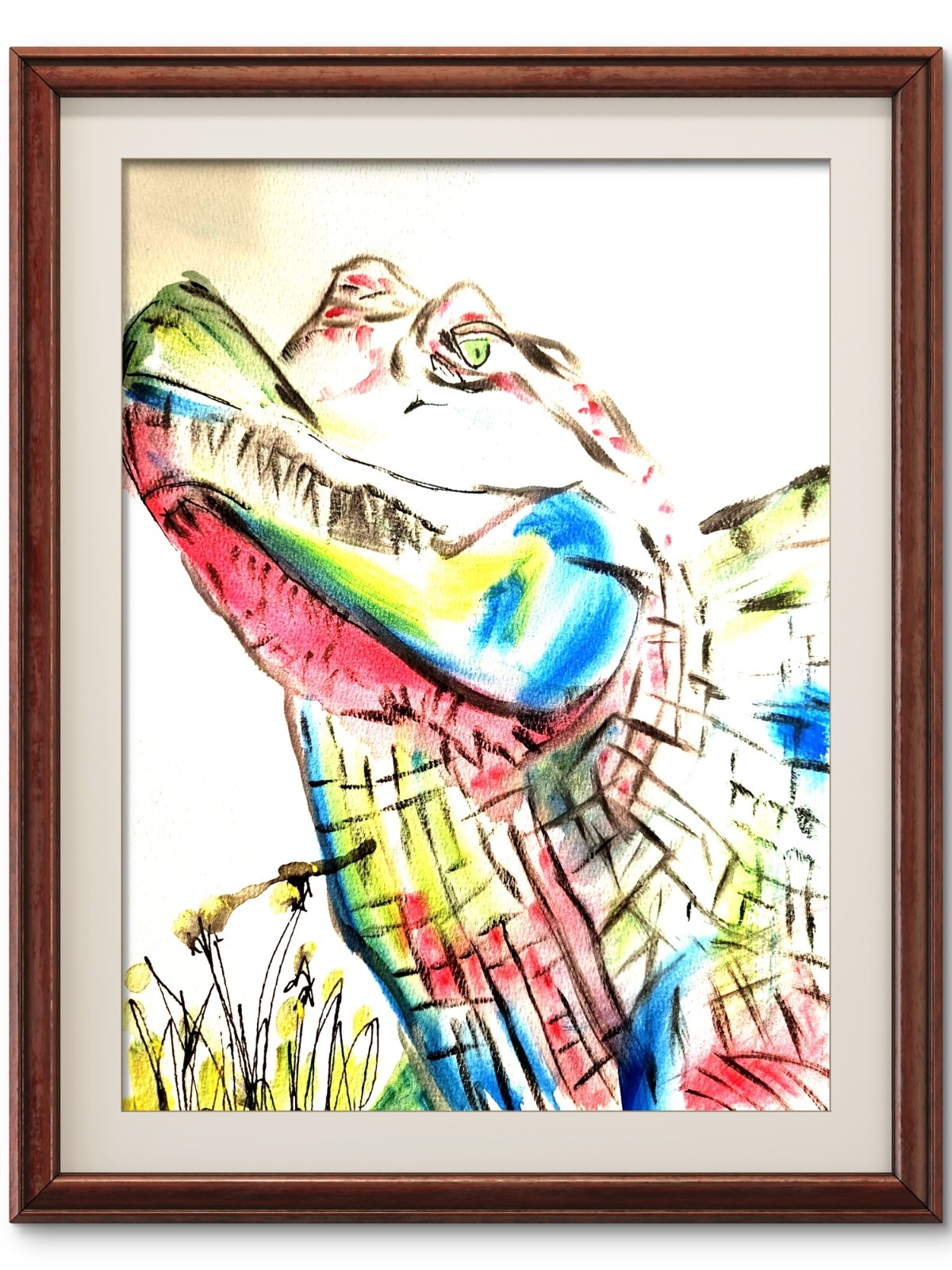 Original 14x11 Expressionist Colorful Crocodile Looking Up Painting Signed Paper