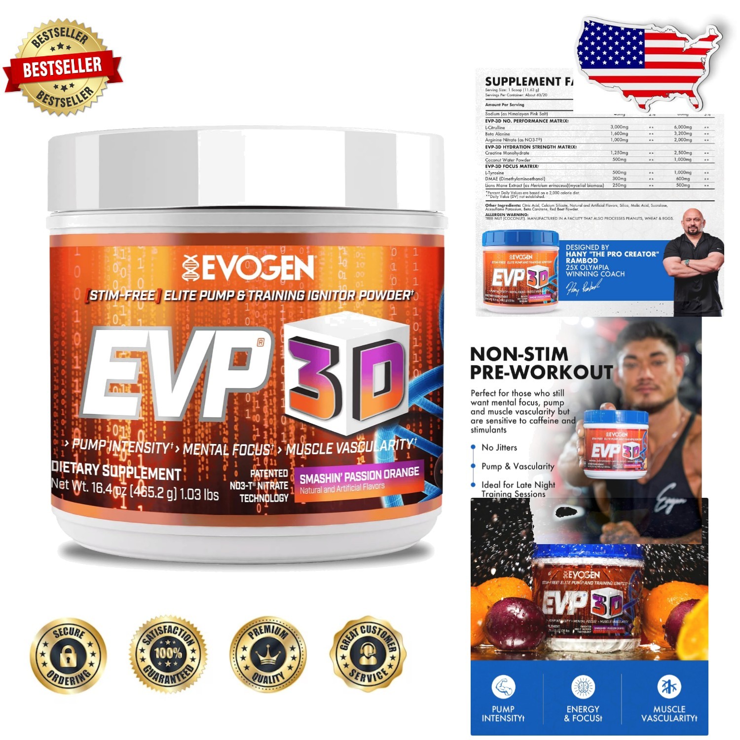 Stimulant-Free Pre-Workout EVP 3D Orange | Arginine Nitrate, Citrulline Pumps