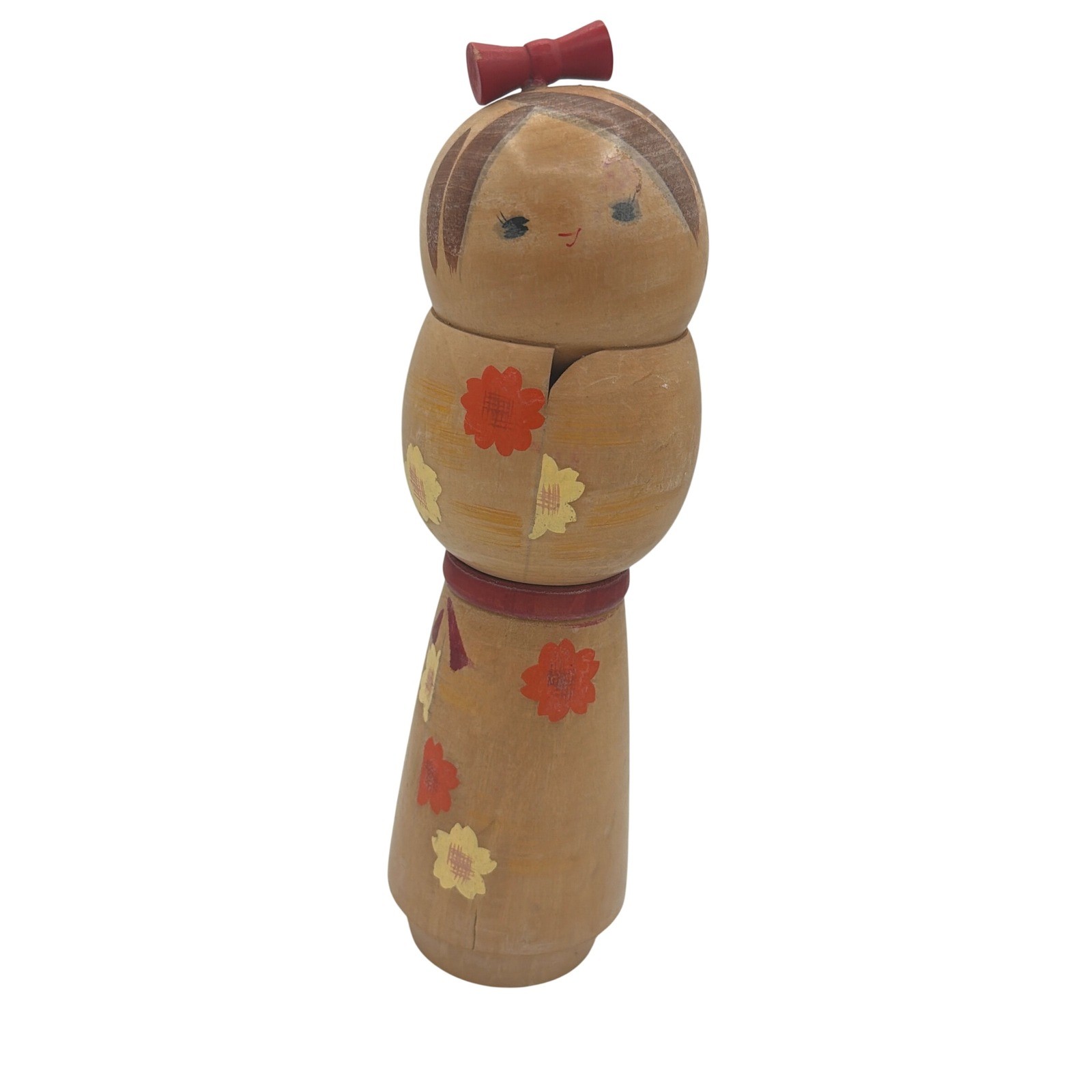 Vintage Japanese Sosaku Kokeshi Signed Fumio Tomidokoro Girl Red Bow Flowers 9.5