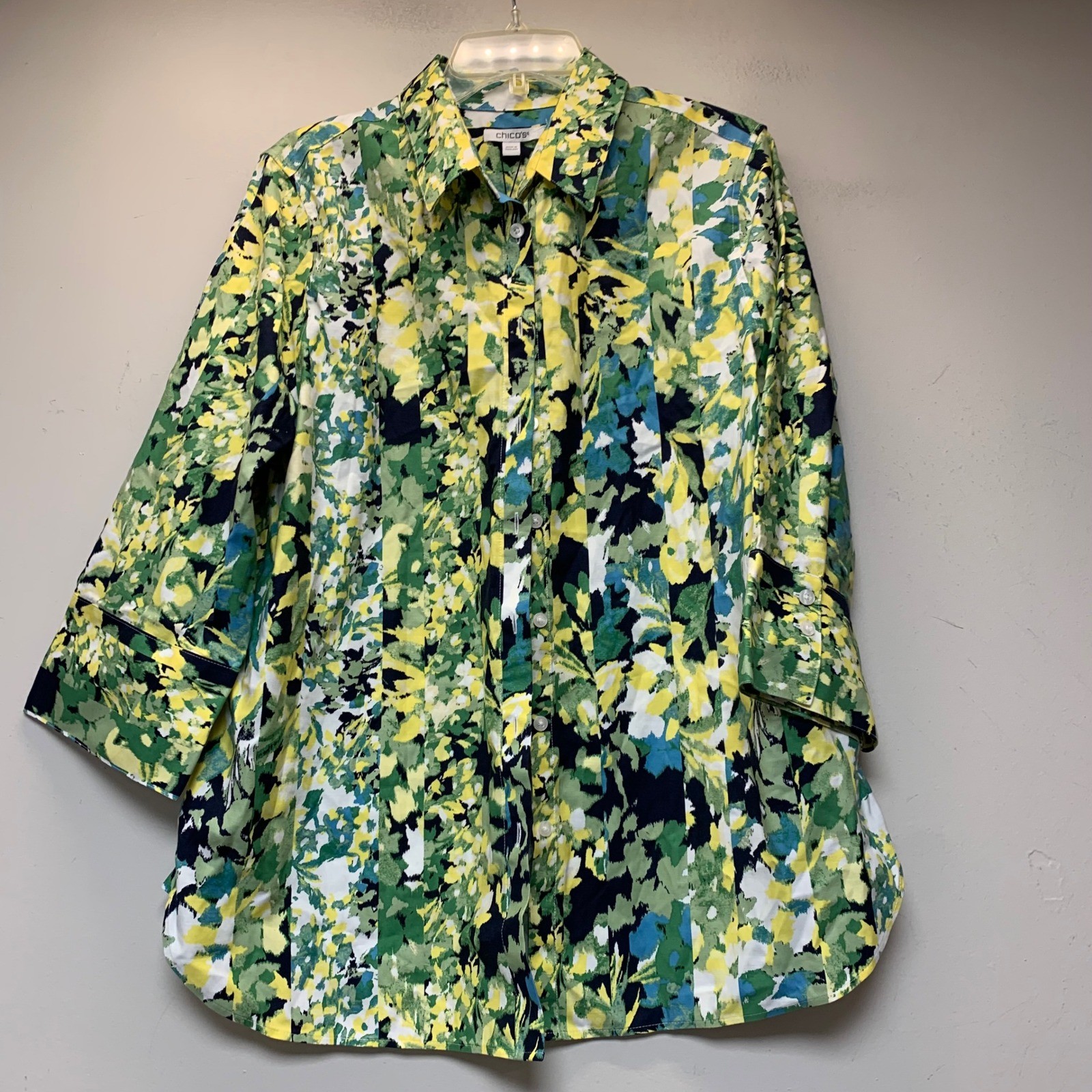 Chico\'s No Iron Tunic Womens 2 US 12 Green Floral Stretch 3/4 Sleeve NEW