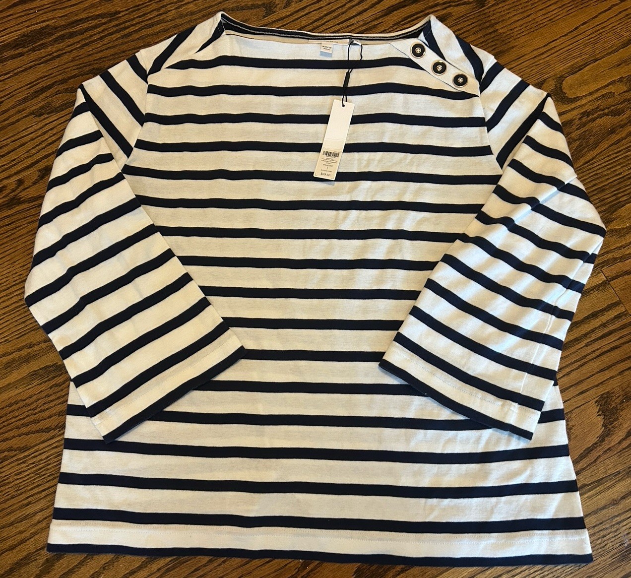 NEW CHICO’S Women’s Stripe Button Shoulder 3/4 Tee Top Size 1 Medium NWT
