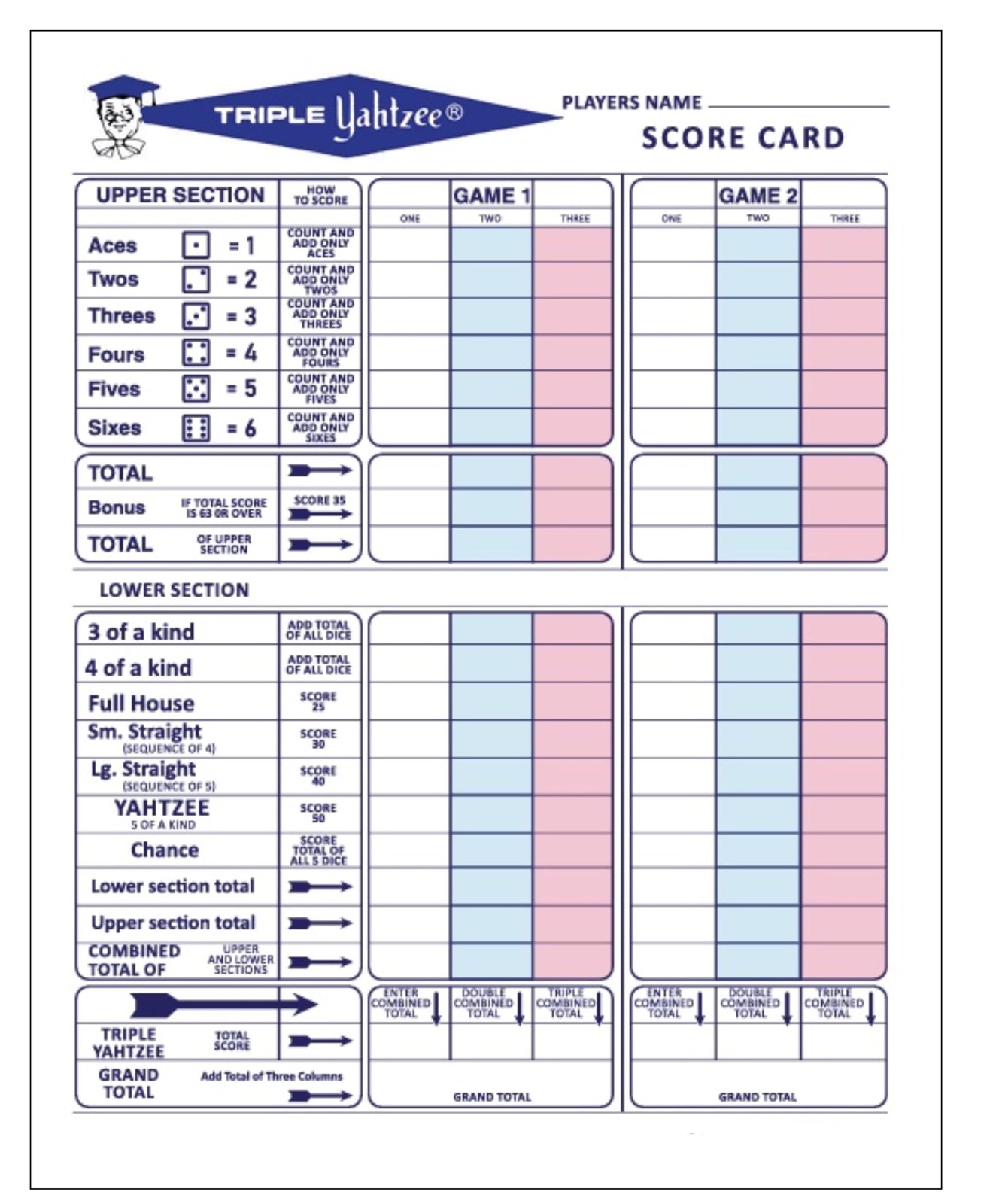50 Premium Triple Score Sheets Cards Pads Compatible with Yahtzee Game