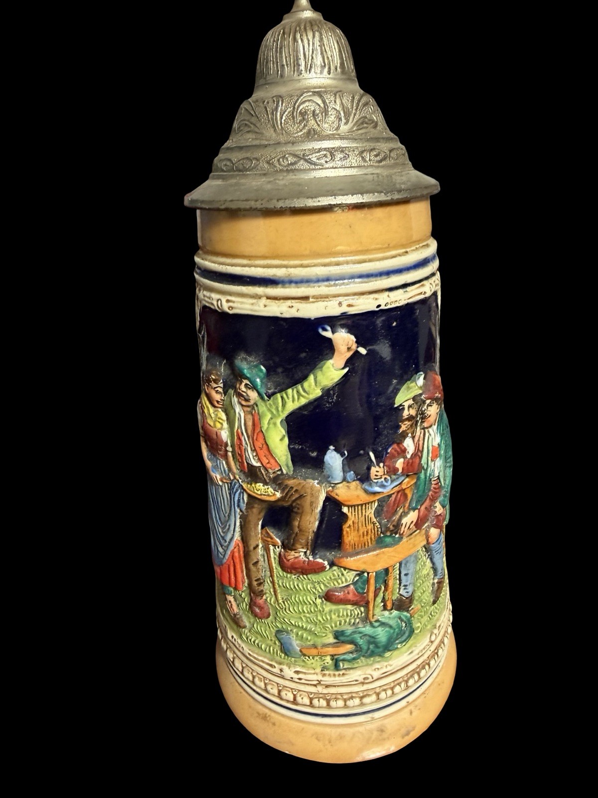 Vintage German Beer Stein DRGM Lid Raised Tavern Scene Foreign 2452 9”