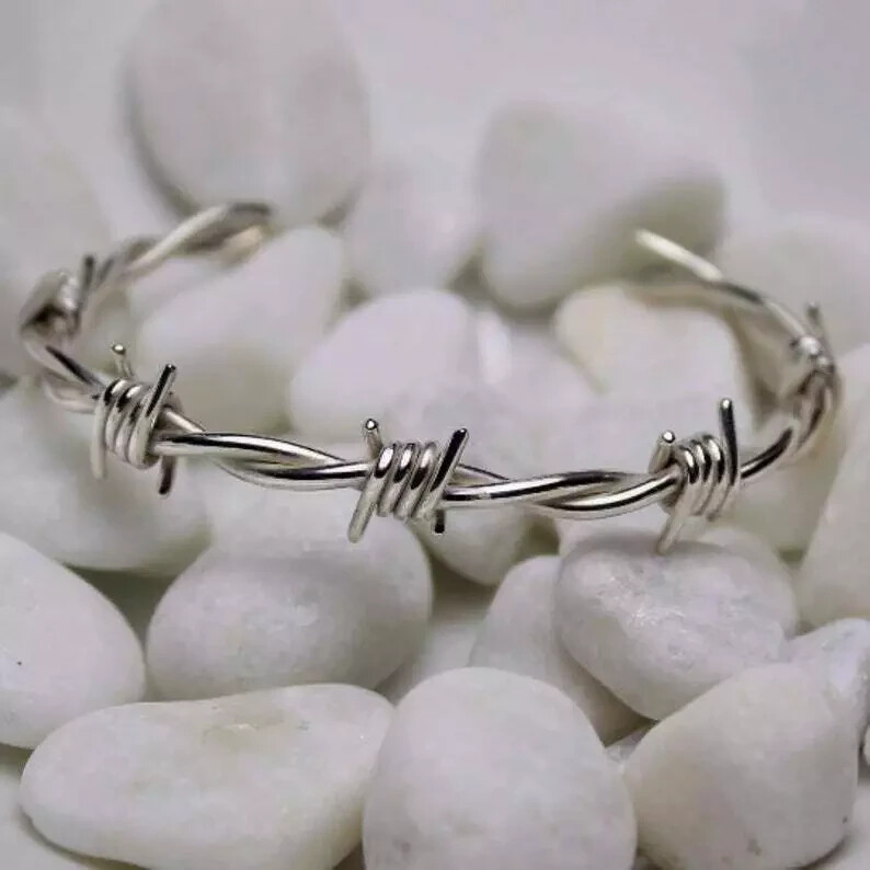 Gorgeous Stunning Hip-Hop Men\'s 935 Argentium Silver Cuff Barbed Wire Bracelet