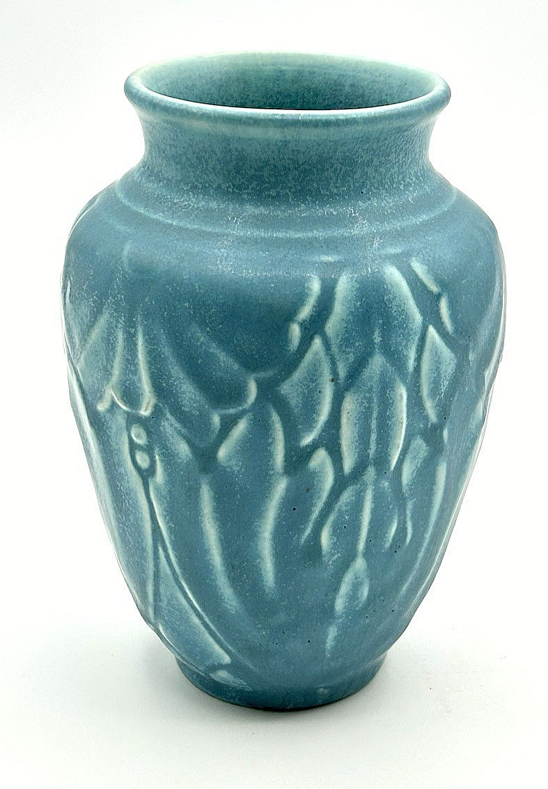 ROOKWOOD POTTERY MATTE BLUE EMBOSSED FLORAL & LEAF PATTERN VASE-ca1940-EXCELLENT