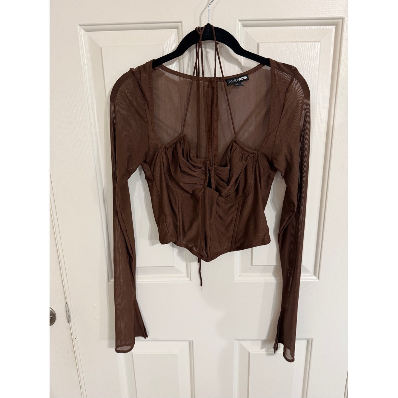Fashion Nova Chocolate Brown Sheer Mesh Ruched Tie Back Crop Top Y2K L S5037T