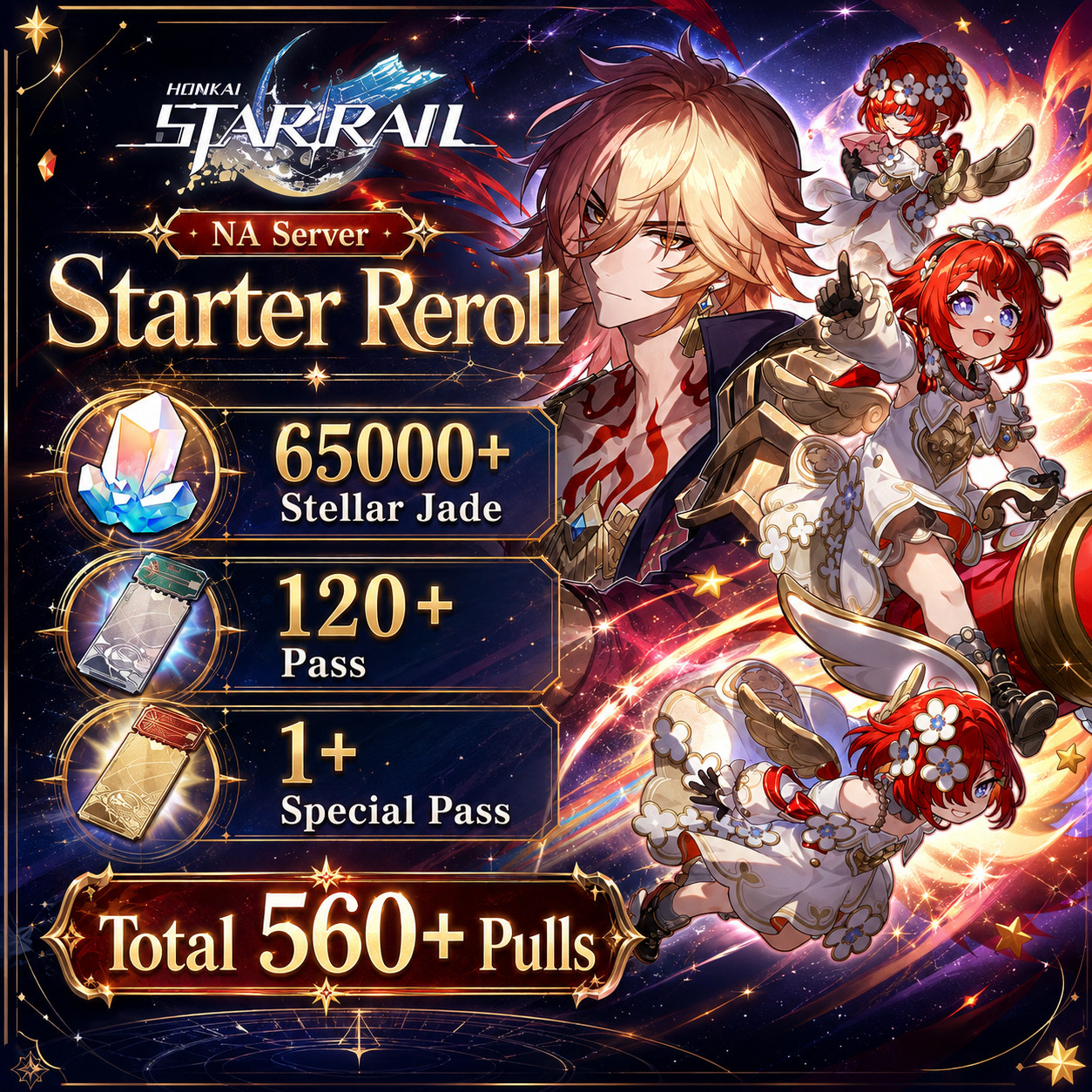 Honkai: Star Rail Reroll 65000+ Stellar Jade|120+ Pass|1+ Special Pass|NA Server Honkai: Star Rail Reroll 65000+ Stellar Jade|120+ Pass|1+ Special Pass|NA Server