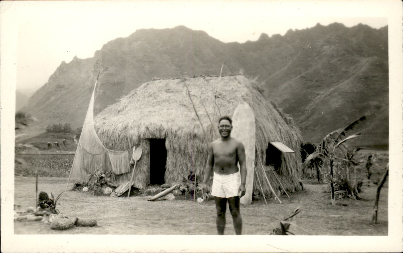 Hawaii HI Man at Grass Hut Surf Board c1920s-30s Real Photo Vintage Postcard bhn Hawaii HI Man at Grass Hut Surf Board c1920s-30s Real Photo Vintage Postcard bhn