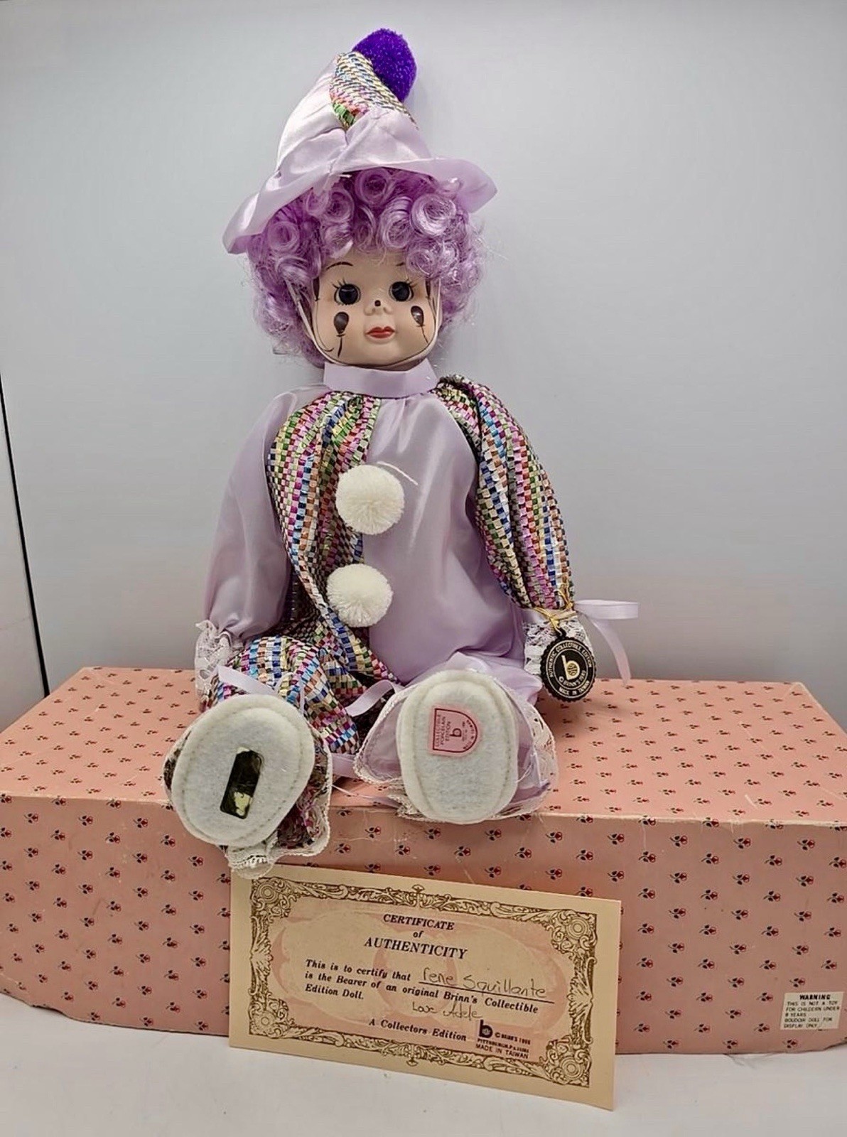 VINTAGE Brinn\'s Porcelain Clown Doll JONI FNCK-6069 Purple Costume MIB COA Item