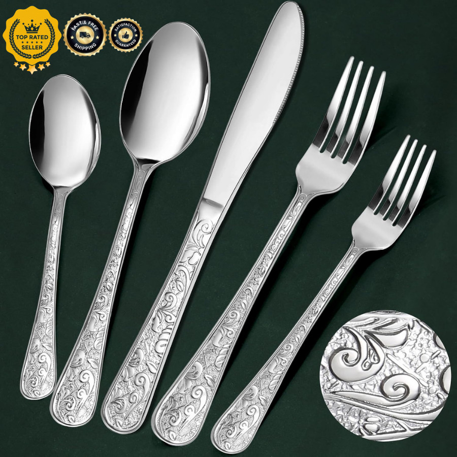 40-Piece Vintage Carved Silverware Set for 8, Stainless Steel Flatware