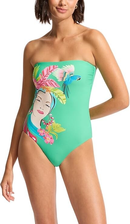 Seafolly Tropica Jade Bandeau One Piece Swimsuit High Cut Size 8 NWT