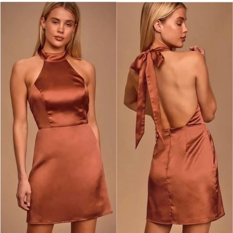 NWT Lulu\'s Celebrate Me Satin Halter Mini Dress M Copper 