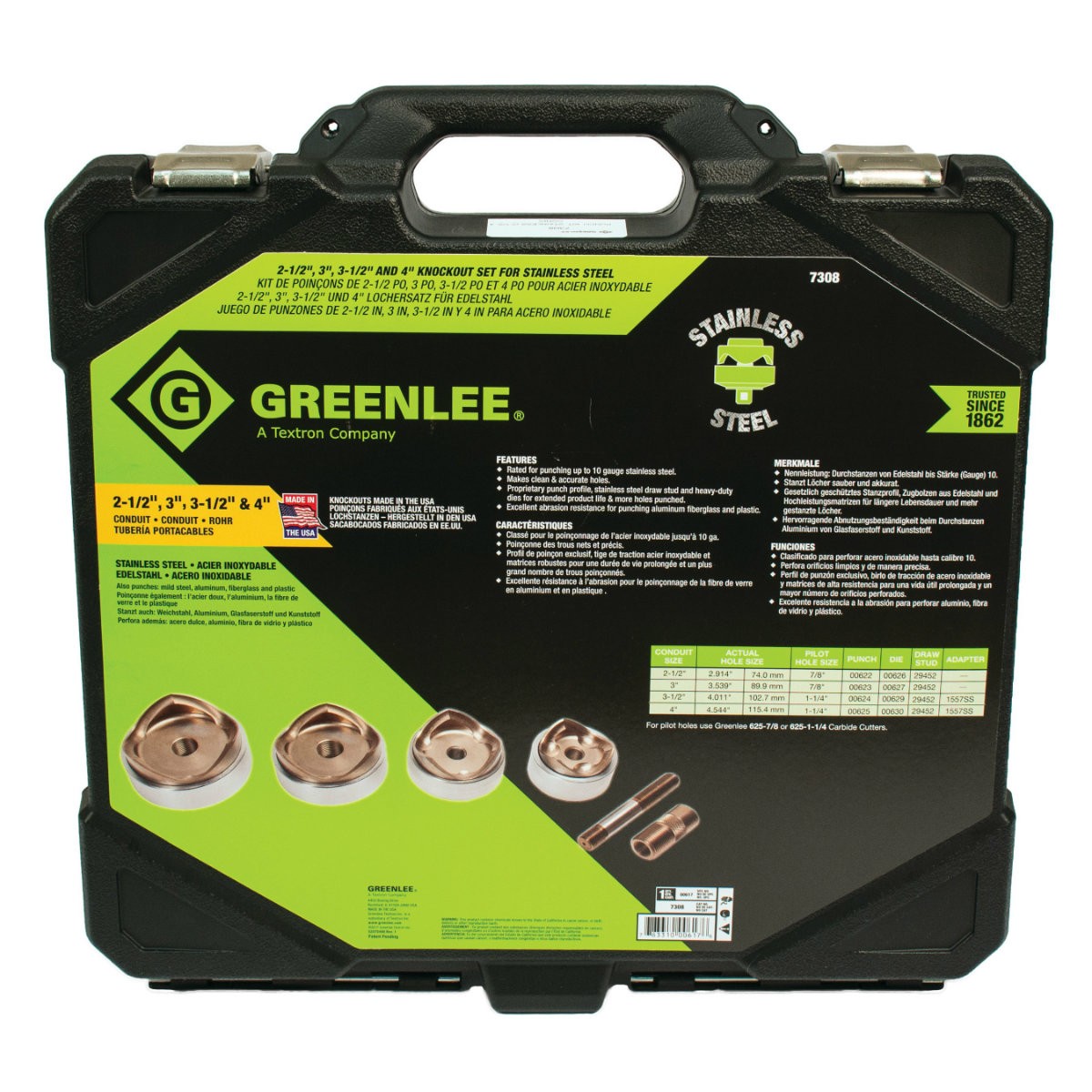 Greenlee 7308 Punches and Dies Kit 2-1/2 3 3-1/2 4 in Conduit