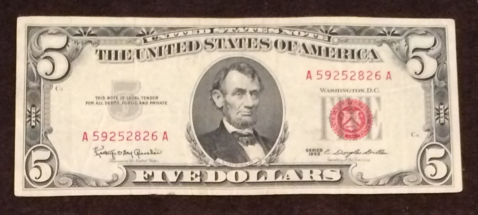 1963 Five Dollar Bill Red Seal Note Randomly Hand Picked VG - Fine 