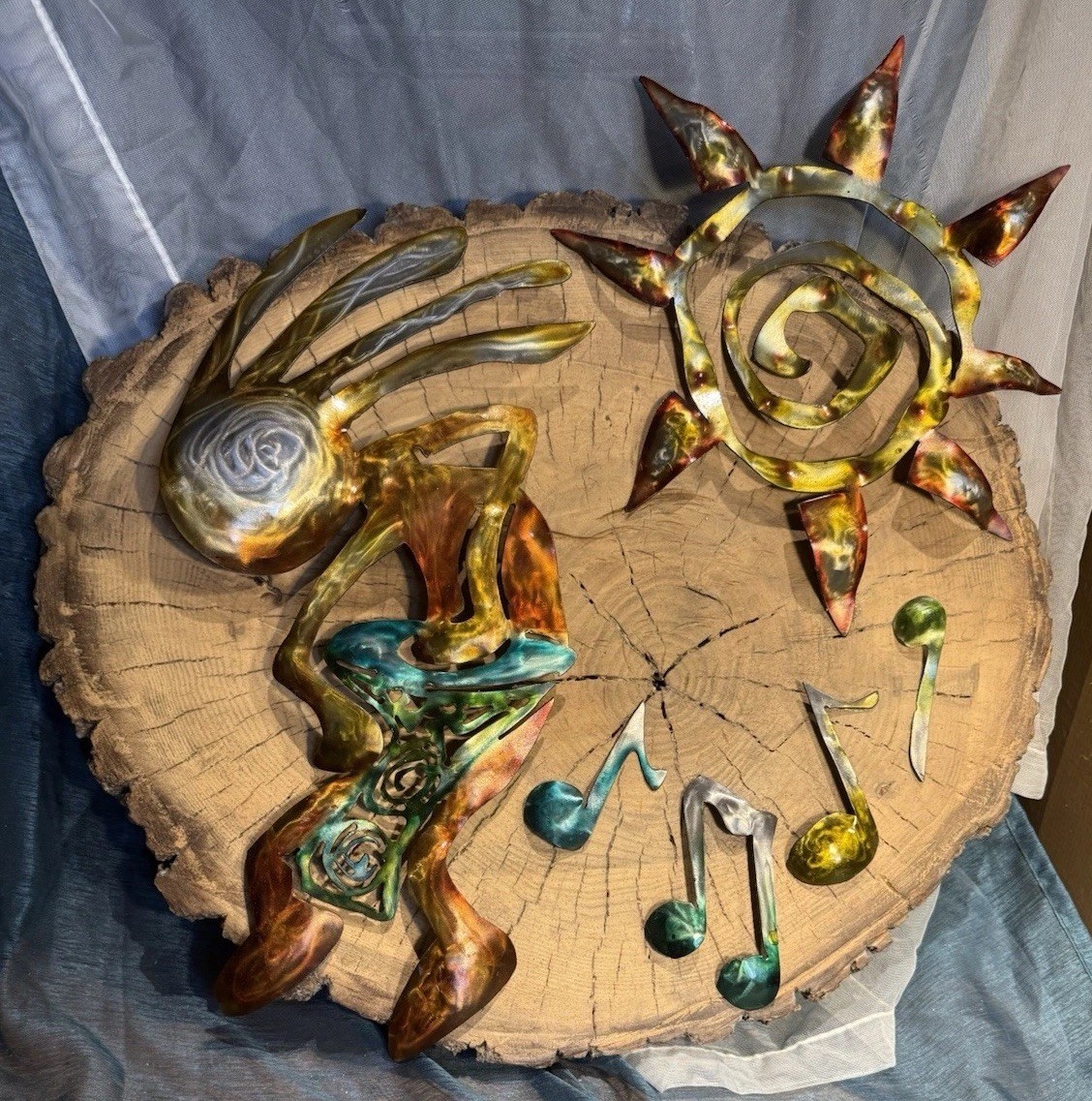 Huge Wood Slice Wall Hanging Art - Metal Sun Kokopelli Music Decor 25 in